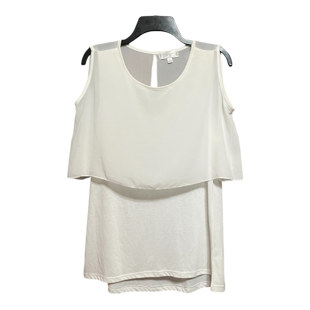 White Sleeveless Asymmetrical Cotton Blouse with Sheer Cut Out Overlay L